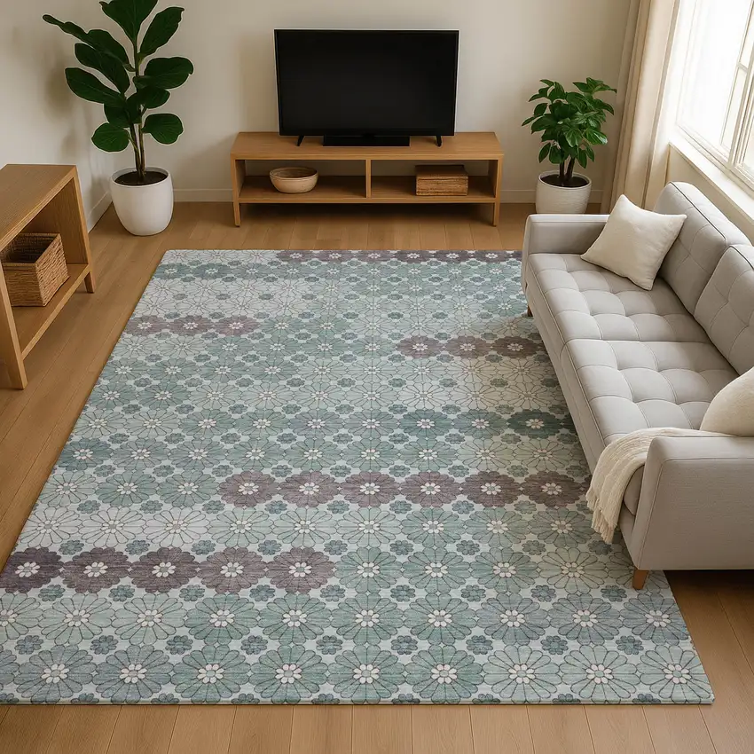Teal Gray And Silver Geometric Washable Area Rug With UV Protection Photo 4
