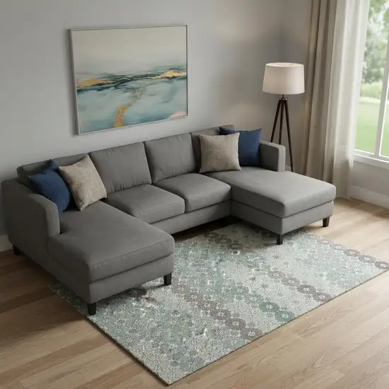 Teal Gray And Silver Geometric Washable Area Rug With UV Protection Photo 2