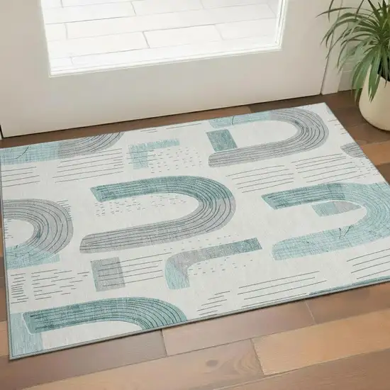 Teal Gray And Silver Geometric Washable Area Rug With UV Protection Photo 2