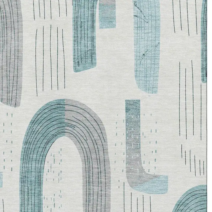 Teal Gray And Silver Geometric Washable Area Rug With UV Protection Photo 2