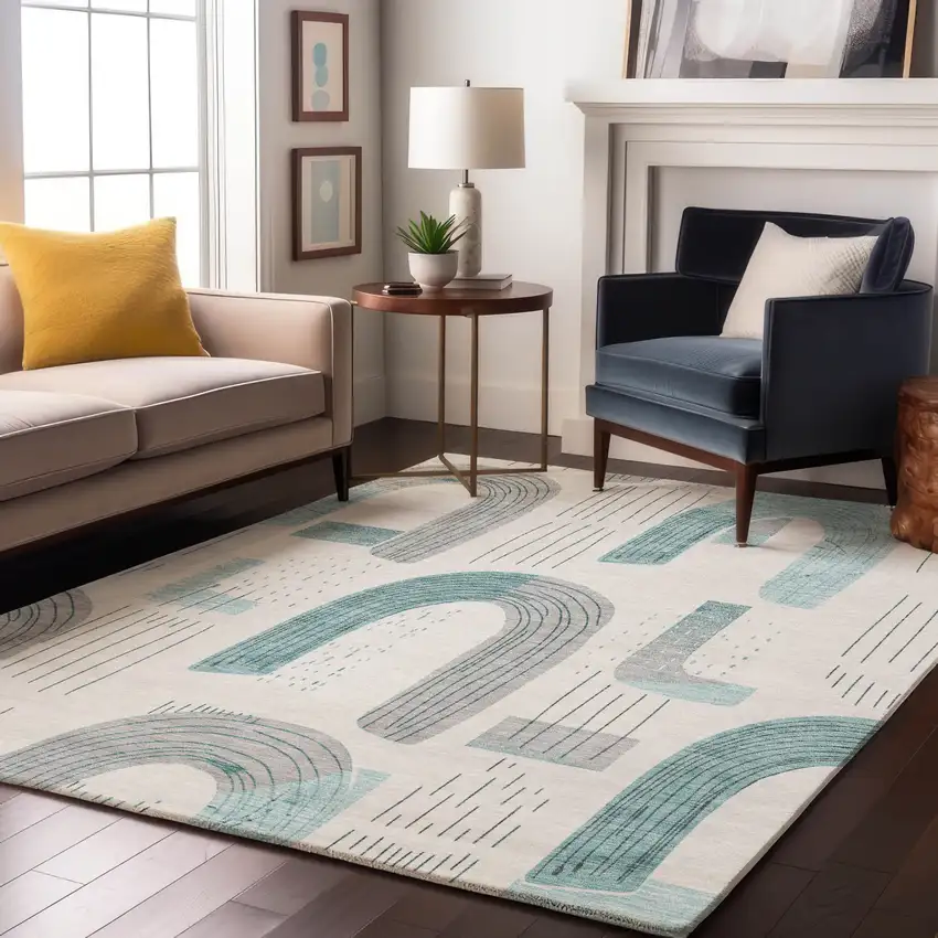 Teal Gray And Silver Geometric Washable Area Rug With UV Protection Photo 5