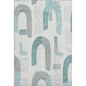 Photo of Teal Gray And Silver Geometric Washable Area Rug With UV Protection