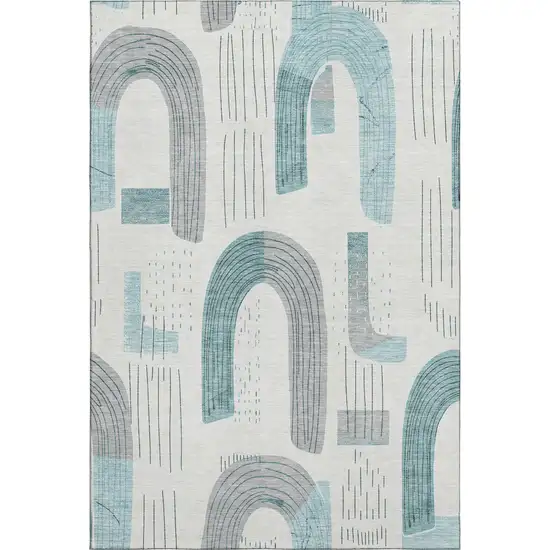 Teal Gray And Silver Geometric Washable Area Rug With UV Protection Photo 1