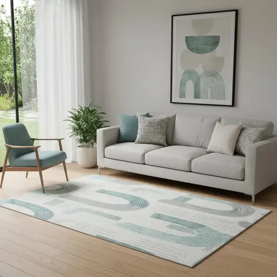 Teal Gray And Silver Geometric Washable Area Rug With UV Protection Photo 2