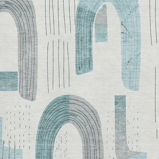 Teal Gray And Silver Geometric Washable Area Rug With UV Protection Photo 2