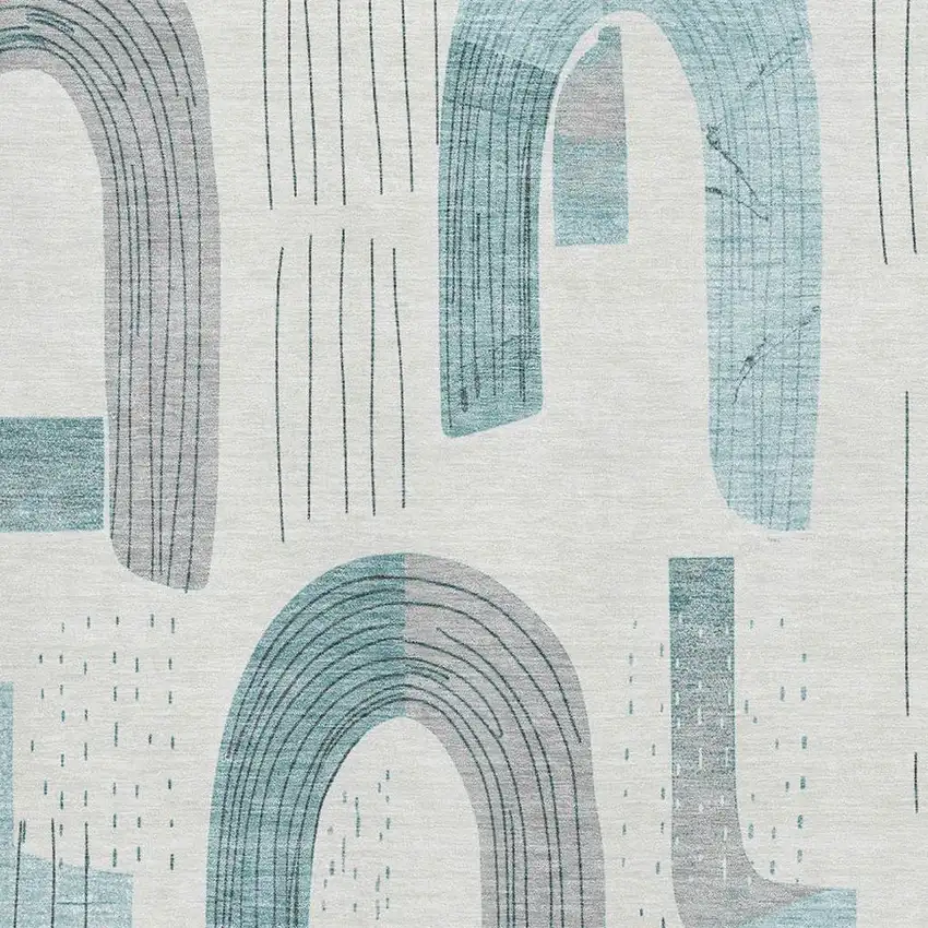 Teal Gray And Silver Geometric Washable Area Rug With UV Protection Photo 2