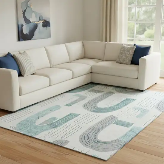 Teal Gray And Silver Geometric Washable Area Rug With UV Protection Photo 2