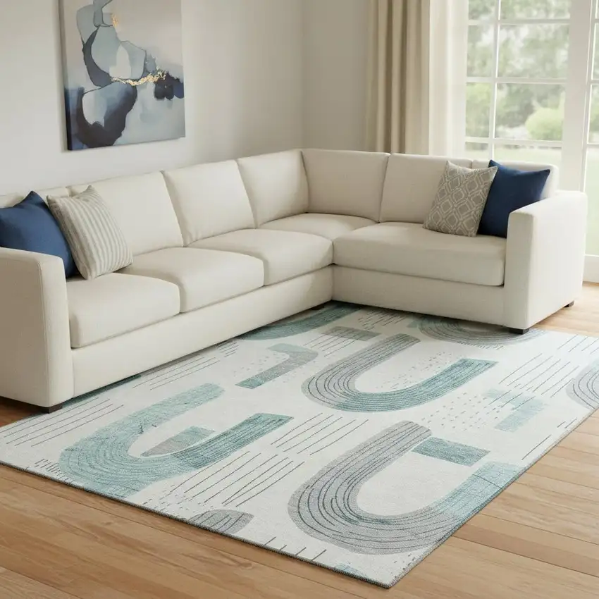 Teal Gray And Silver Geometric Washable Area Rug With UV Protection Photo 2