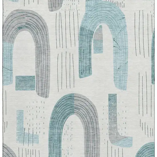 Teal Gray And Silver Geometric Washable Area Rug With UV Protection Photo 3