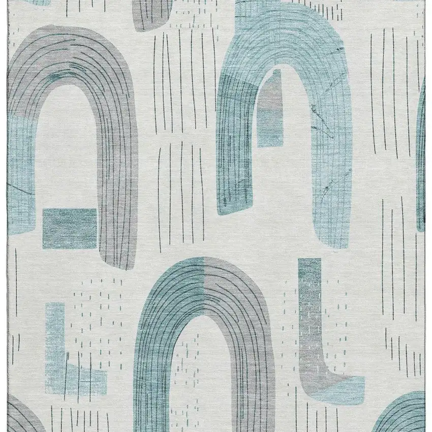 Teal Gray And Silver Geometric Washable Area Rug With UV Protection Photo 3