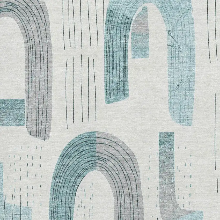 Teal Gray And Silver Geometric Washable Area Rug With UV Protection Photo 2