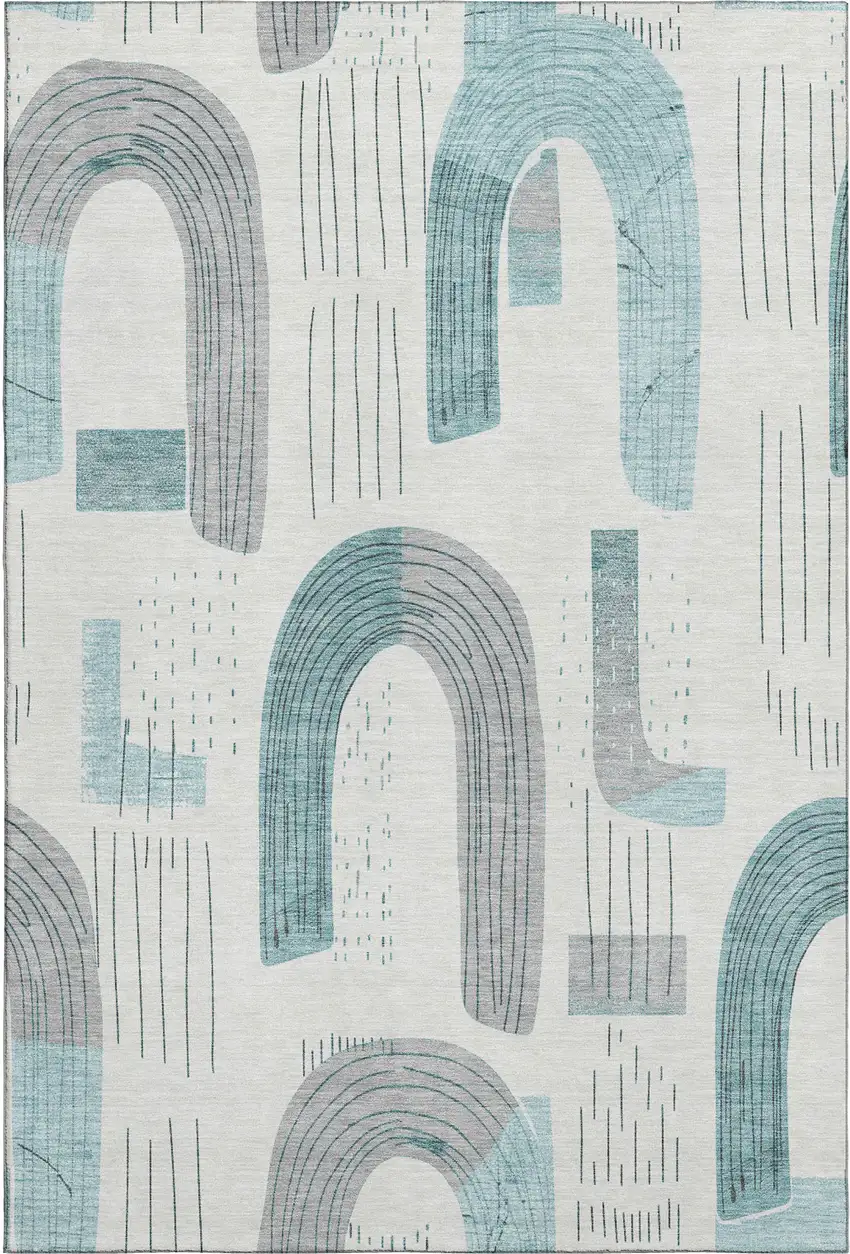 Teal Gray And Silver Geometric Washable Area Rug With UV Protection Photo 1