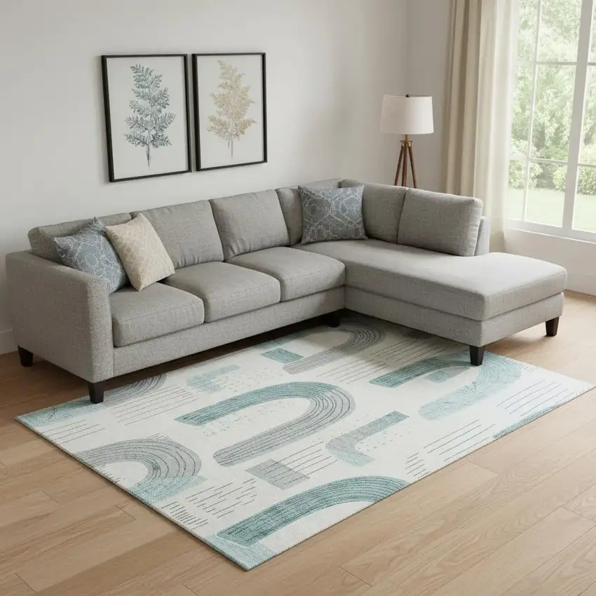 Teal Gray And Silver Geometric Washable Area Rug With UV Protection Photo 2