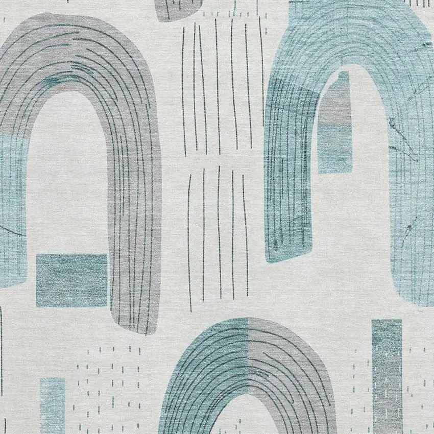 Teal Gray And Silver Geometric Washable Area Rug With UV Protection Photo 2