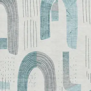 Photo of Teal Gray And Silver Geometric Washable Area Rug With UV Protection