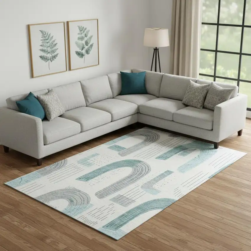 Teal Gray And Silver Geometric Washable Area Rug With UV Protection Photo 2