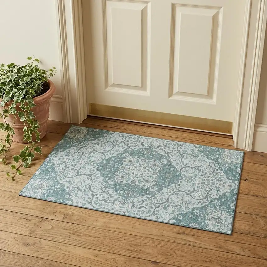 Teal Gray And Silver Medallion Washable Area Rug With UV Protection Photo 1