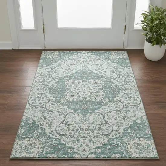 Teal Gray And Silver Medallion Washable Area Rug With UV Protection Photo 2