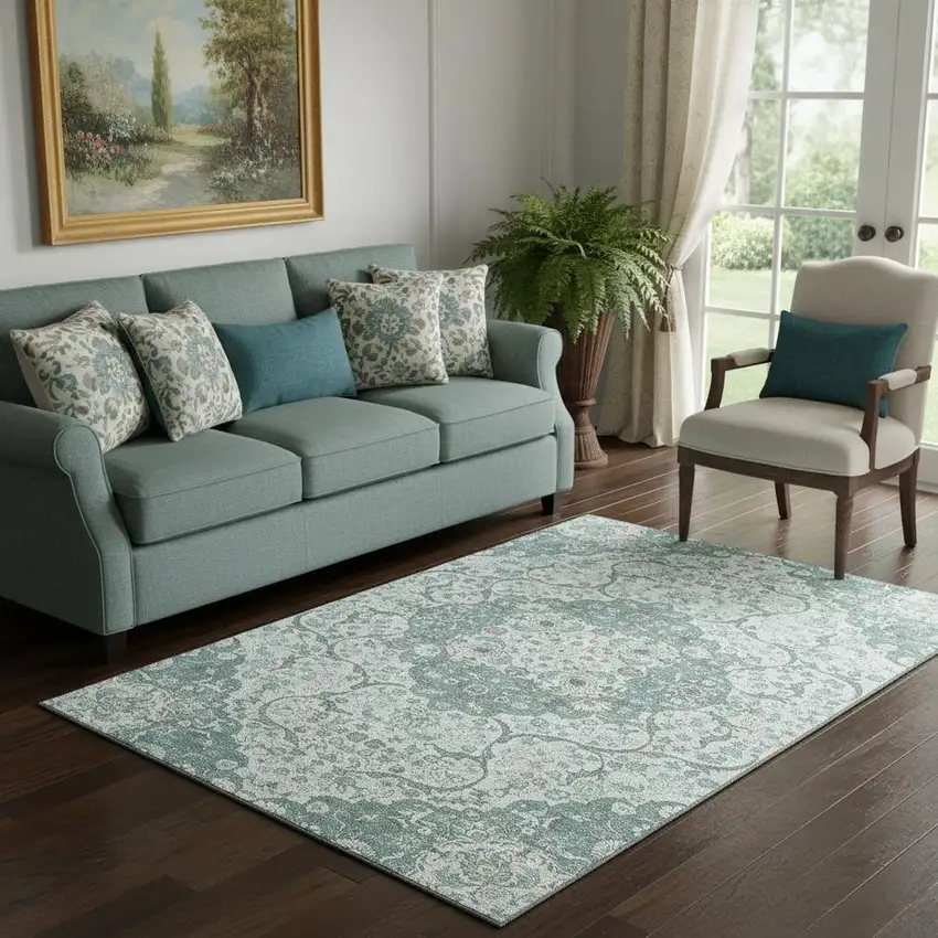 Teal Gray And Silver Medallion Washable Area Rug With UV Protection Photo 2