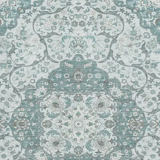Teal Gray And Silver Medallion Washable Area Rug With UV Protection Photo 2