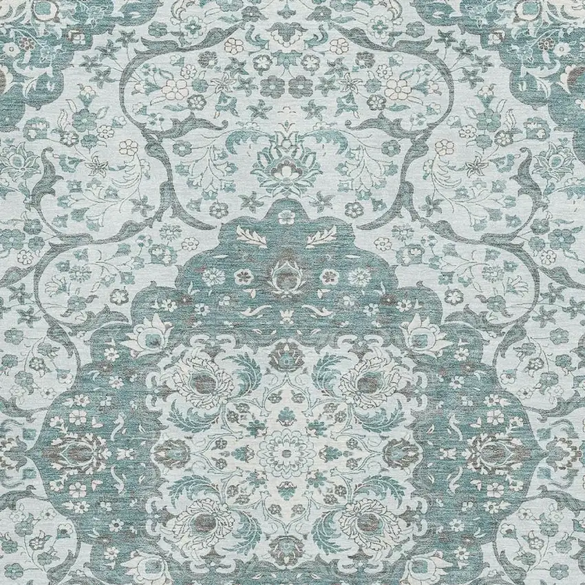 Teal Gray And Silver Medallion Washable Area Rug With UV Protection Photo 2