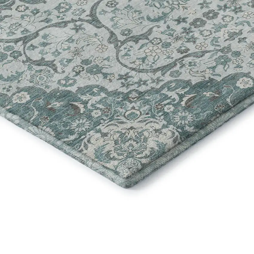 Teal Gray And Silver Medallion Washable Area Rug With UV Protection Photo 7