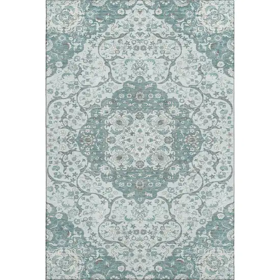 Teal Gray And Silver Medallion Washable Area Rug With UV Protection Photo 1