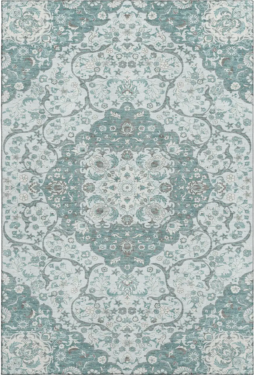 Teal Gray And Silver Medallion Washable Area Rug With UV Protection Photo 1