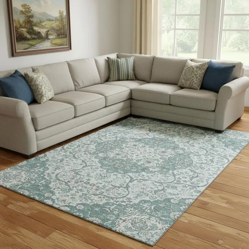 Teal Gray And Silver Medallion Washable Area Rug With UV Protection Photo 2