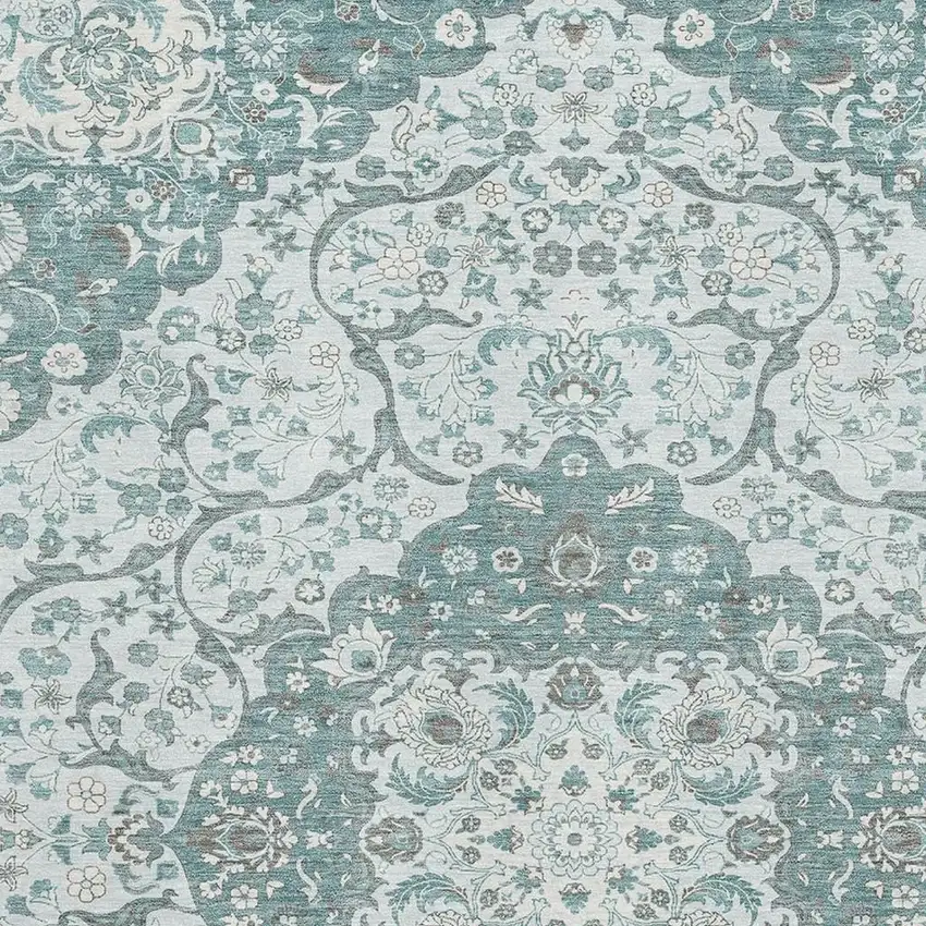 Teal Gray And Silver Medallion Washable Area Rug With UV Protection Photo 2