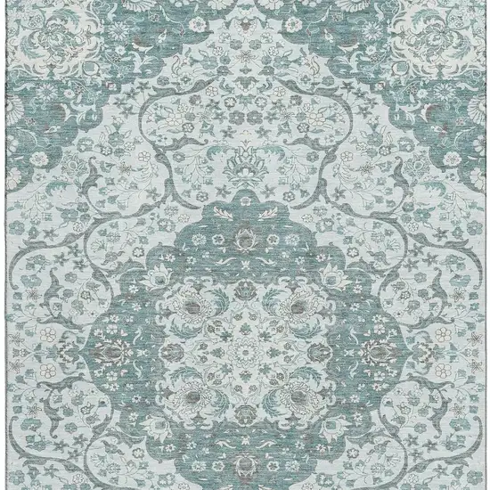 Teal Gray And Silver Medallion Washable Area Rug With UV Protection Photo 2