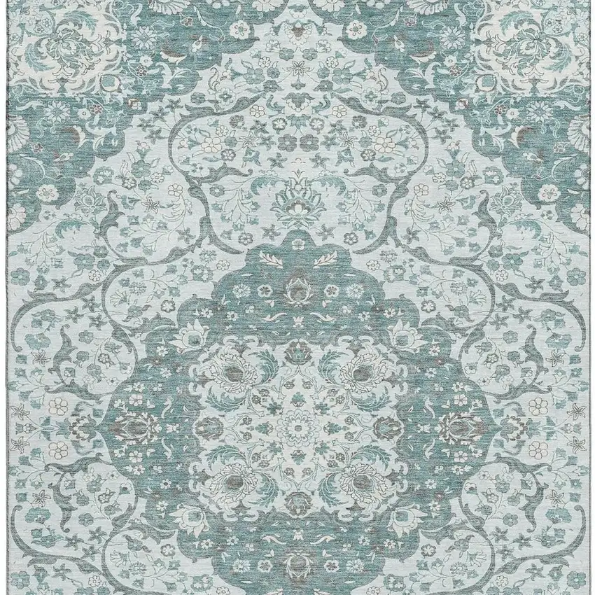 Teal Gray And Silver Medallion Washable Area Rug With UV Protection Photo 2