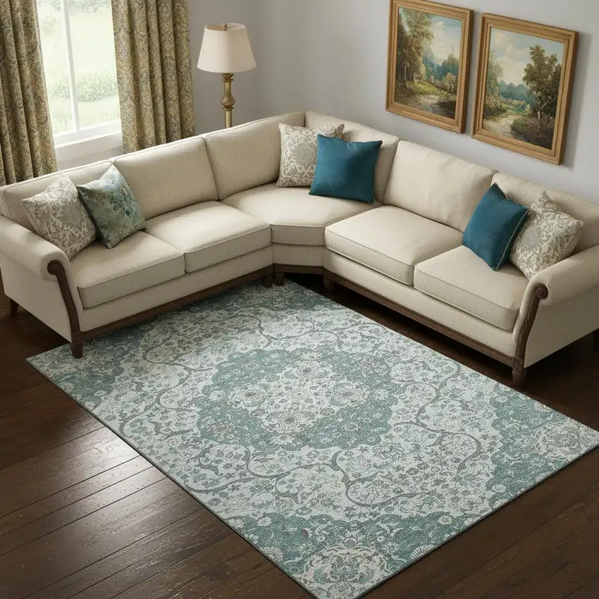 Teal Gray And Silver Medallion Washable Area Rug With UV Protection Photo 2