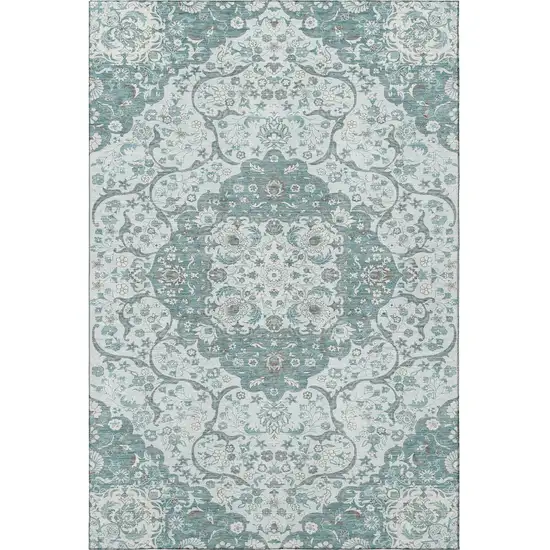 Teal Gray And Silver Medallion Washable Area Rug With UV Protection Photo 3