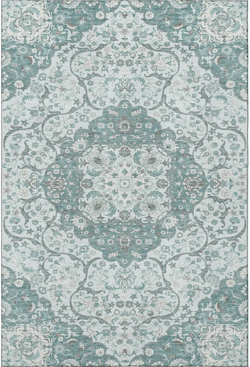 Teal Gray And Silver Medallion Washable Area Rug With UV Protection Photo 3