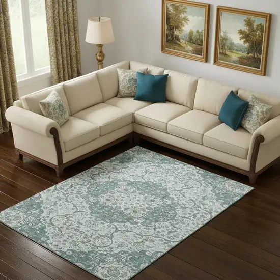 Teal Gray And Silver Medallion Washable Area Rug With UV Protection Photo 2