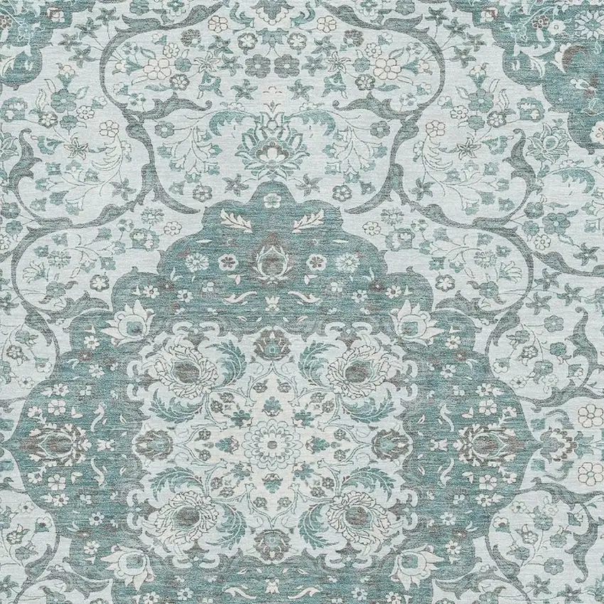 Teal Gray And Silver Medallion Washable Area Rug With UV Protection Photo 2