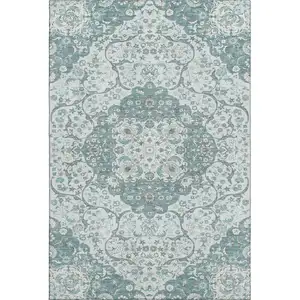 Photo of Teal Gray And Silver Medallion Washable Area Rug With UV Protection