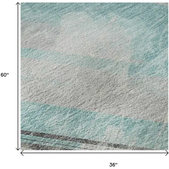 Teal Gray And Silver Striped Washable Area Rug With UV Protection Photo 9