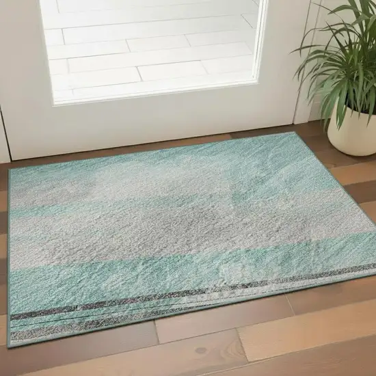 Teal Gray And Silver Striped Washable Area Rug With UV Protection Photo 2