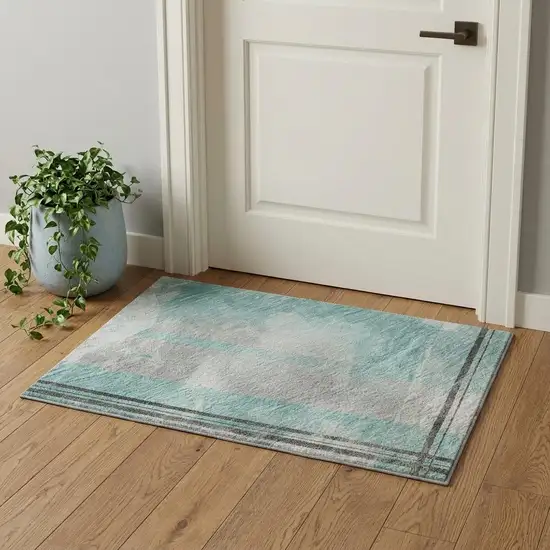Teal Gray And Silver Striped Washable Area Rug With UV Protection Photo 1