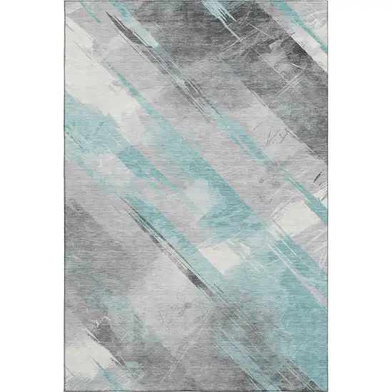 Teal Gray And Silver Striped Washable Area Rug With UV Protection Photo 6