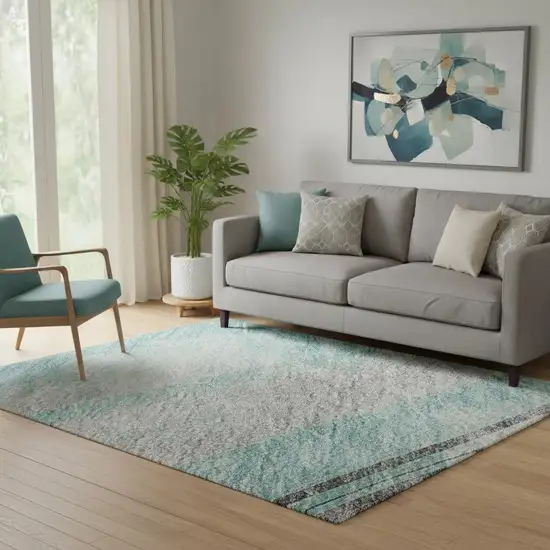 Teal Gray And Silver Striped Washable Area Rug With UV Protection Photo 2