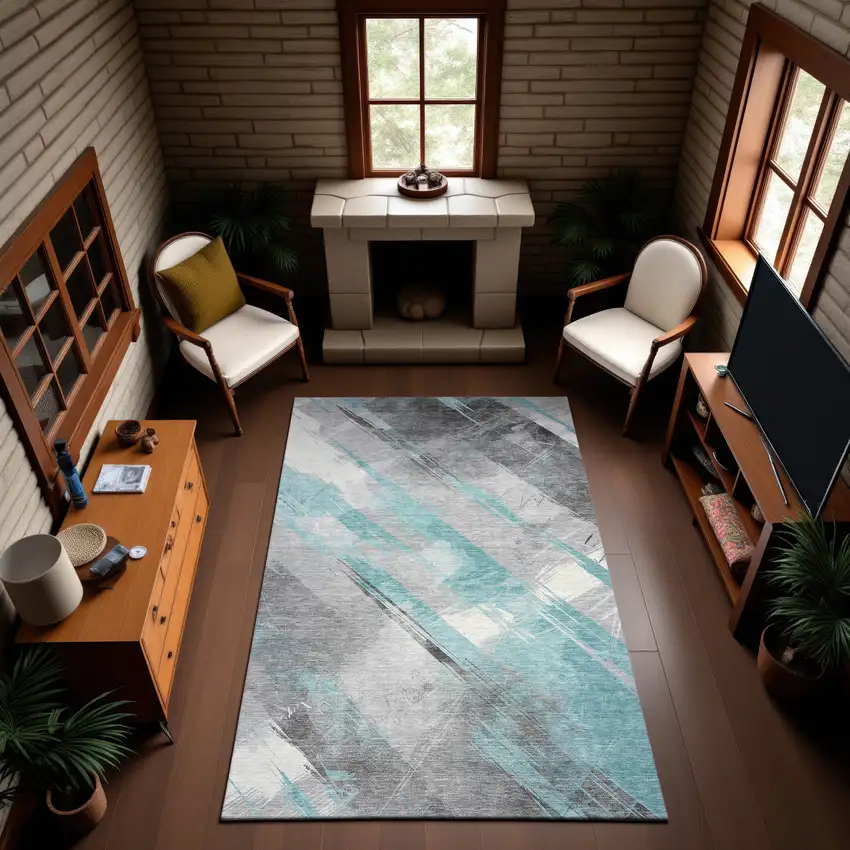 Teal Gray And Silver Striped Washable Area Rug With UV Protection Photo 4