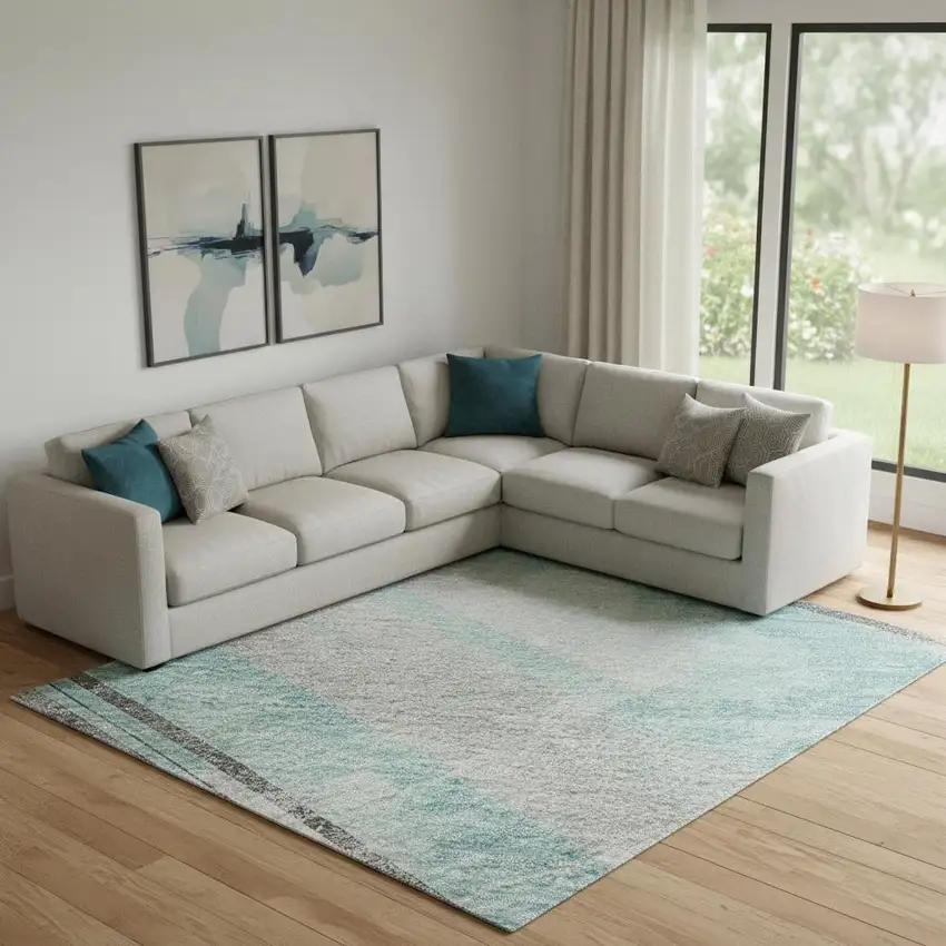 Teal Gray And Silver Striped Washable Area Rug With UV Protection Photo 2