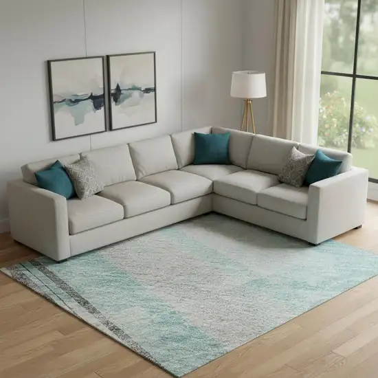 Teal Gray And Silver Striped Washable Area Rug With UV Protection Photo 2