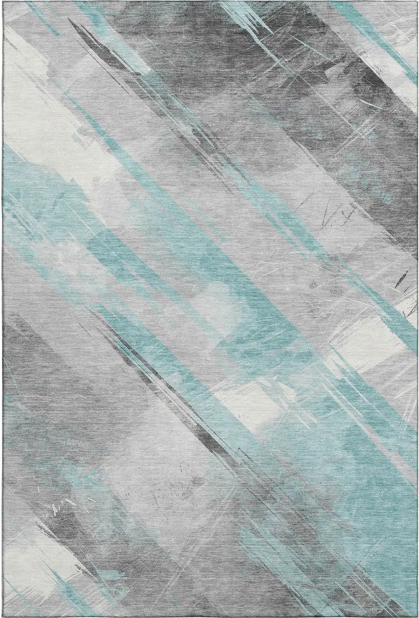 Teal Gray And Silver Striped Washable Area Rug With UV Protection Photo 6