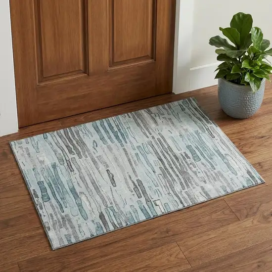 Teal Gray And Silver Striped Washable Area Rug With UV Protection Photo 1