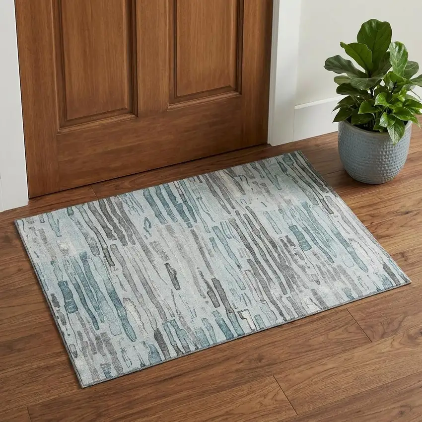 Teal Gray And Silver Striped Washable Area Rug With UV Protection Photo 1