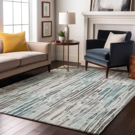 Teal Gray And Silver Striped Washable Area Rug With UV Protection Photo 5